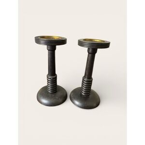 Global Views India Pair Of Pillar Candleholders 13 3/4 Inches Tall Wood Heavy